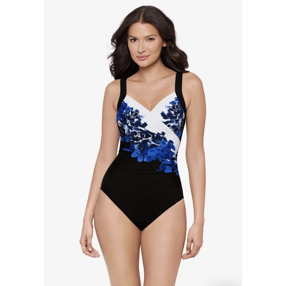 Miraclesuit Sz 16 Ombra Fiore Sanibel One Piece Swimsuit Black Blue Floral NWT